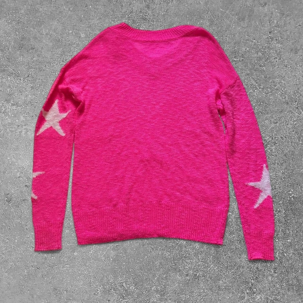 Unbranded Pink Star Print V-Neck Knit Sweater Womens Long Sleeve Top - Picture 2 of 5